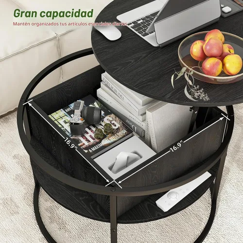 Vista 5 de HOJINLINERO Mesa de centro redonda elevable, con compartimento oculto de almacenamiento, decoración de mesa de centro de madera de granja