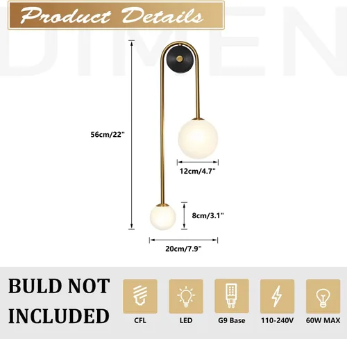 Vista 2 de Lámpara de pared moderna de mediados de siglo con forma de globo para interiores, 2 luces, color negro y dorado, con vidrio de leche, lámparas