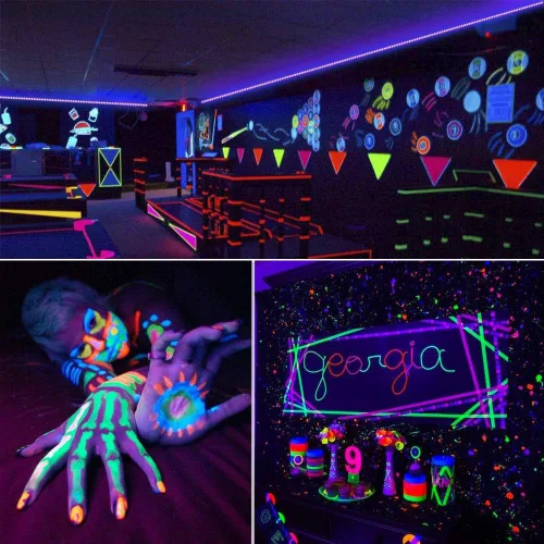 Vista 6 de Tiras de luz LED negras de 6.6 pies, 120 tiras LED UV a pilas para fiesta brillante, Halloween, vidrio, póster, pintura, batería no incluida