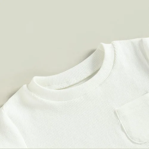 Vista 12 de KMBANGI Mameluco de manga corta con cuello redondo de punto acanalado de color sólido para bebé, niña y niño, traje de verano de una pieza