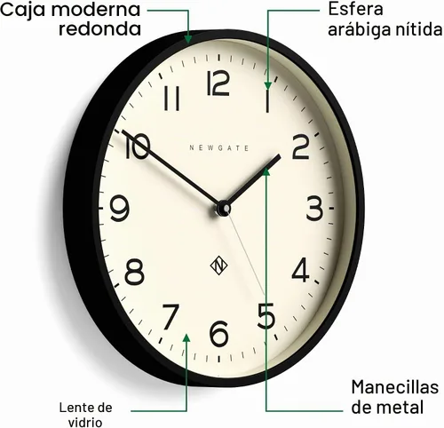 Vista 5 de Reloj de pared NEWGATE® Número Tres Echo Reloj redondo moderno 37 cm Negro Números fáciles de leer Ideal para cocina, sala de estar u