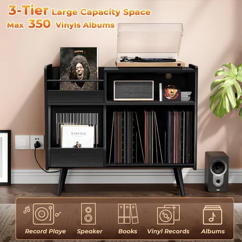 Vista 3 de Soporte grande para tocadiscos con puerta corredera, gabinete de almacenamiento para 350 discos de vinilo, mesa para tocadiscos con toma
