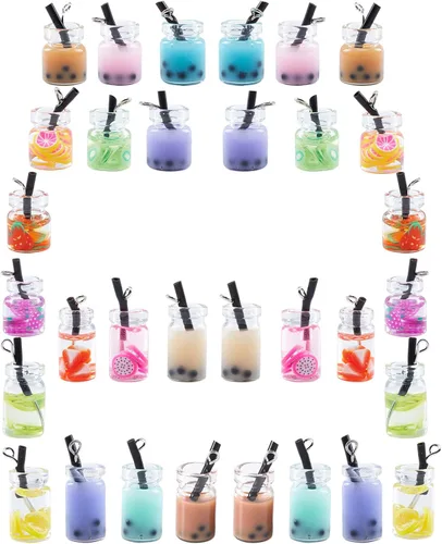 Vista 8 de SUNNYCLUE 1 caja de 7 estilos de té con leche y frutas, mini botella, colgantes de helado de Boba para bebidas de imitación, joyería de vidrio, 28
