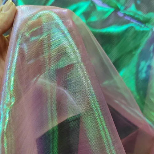 Vista 14 de Tela de encaje de organza con gradiente láser arcoíris mágico, tela de gasa holográfica iridescente para vestido de novia, cortina, fondo, fiesta