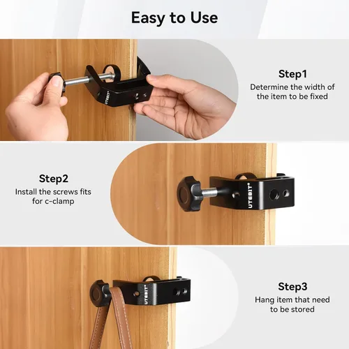Vista 7 de UTEBIT 0.36"-1.2" Universal Aluminum C-Desk Clamp, Black Adjustable Support Clamp with 1/4" and 3/8" Thread for Desktop Mount Holder Flash Desks