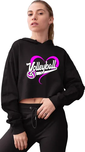 Vista 2 de Go All Out Sudadera con capucha recortada para mujer, diseño de corazón de voleibol, idea de regalo