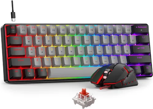 Vista 9 de BlueFinger Combo de teclado y mouse mecánicos para juegos 60% – Teclado RGB con retroiluminación arcoíris de 61 teclas con interruptor rojo y 4 DPI