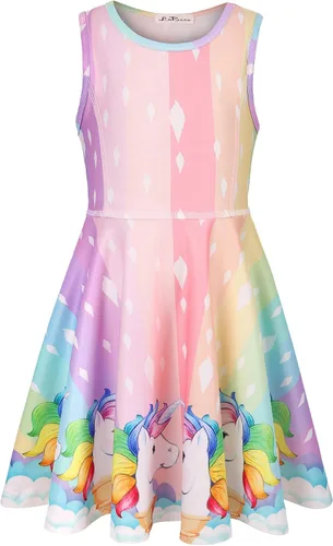 Vista 2 de LaBeca - Vestido sin mangas o de manga larga para niñas, vestidos informales con diseño de unicornio o sirena para niñas pequeñas o grandes