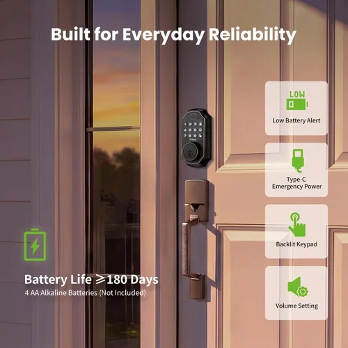 Vista 7 de GHome Smart Cerradura de puerta de huellas dactilares para puerta delantera, cerrojo de entrada sin llave con teclado, control de aplicación Negro