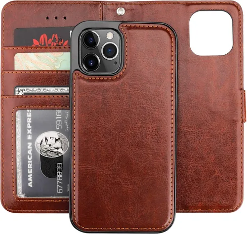 Vista 21 de Bocasal Funda tipo cartera compatible con iPhone 12 e iPhone 12 Pro con soporte para tarjetas de cuero PU magnética desmontable con soporte plegable