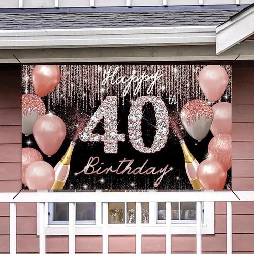Vista 6 de Cartel de fondo de feliz cumpleaños 40, decoración de cumpleaños 40 para mujer, oro rosa, cartel de fiesta de cumpleaños de 40 años, cartel de fondo