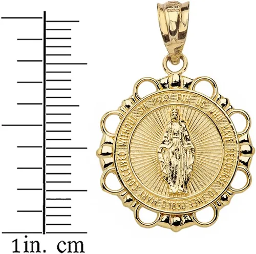 Vista 2 de Colgante redondo de oro amarillo de 14k con medalla milagrosa de la Santísima Virgen María, Oro amarillo
