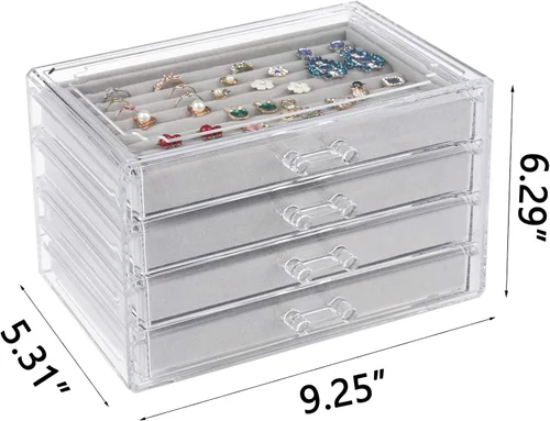 Vista 3 de Weiai Organizador de joyas acrílico caja de joyería transparente con 4 cajones vitrina de terciopelo para almacenamiento aretes anillos collares