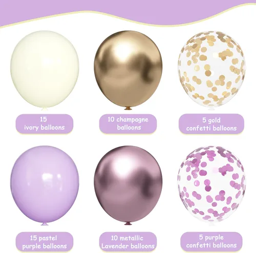 Vista 2 de Globos morados y dorados: 60 globos metálicos de lavanda y champán de 12 pulgadas con confeti para graduaciones, bodas, cumpleaños y celebraciones