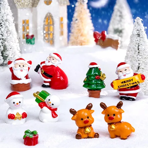 Vista 4 de 8 mini figuras de Navidad, Papá Noel, muñeco de nieve, alce y más, adornos de resina para árbol, jardín, globos de nieve y fiestas