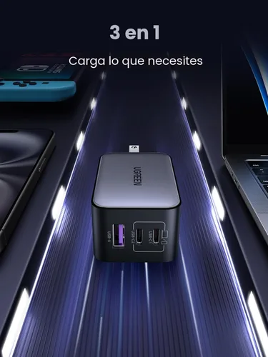 Vista 3 de UGREEN Nexode Cargador de pared GaN USB C de 65W, adaptador de corriente compacto plegable de 3 puertos y carga rápida para iPhone serie 17/16/15