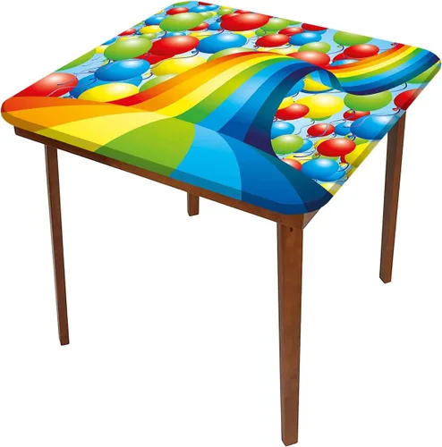 Vista 3 de Cubierta cuadrada para mesa de cumpleaños, muchos globos vibrantes ondulados arco iris, cubierta elástica para mesa, para restaurantes, picnic