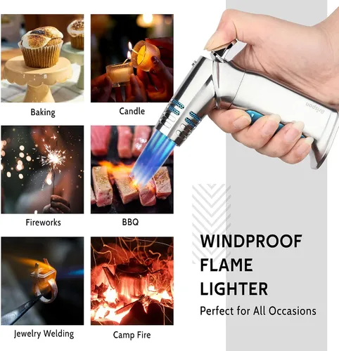Vista 2 de Linterna de soplete, encendedor de butano recargable resistente al viento con 4 llamas cuádruples y bloqueo de seguridad para cocina, parrilla
