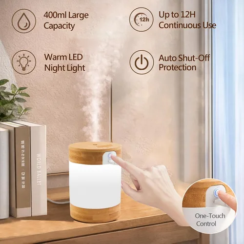 Vista 2 de Mini humidificador ultrasónico de bambú, humidificador de escritorio silencioso de 14.1 onzas líquidas con luz nocturna LED dual, alimentado por