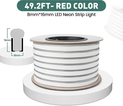 Vista 2 de GZBtech Luces de Cuerda LED de Neón Flexibles 50 Pies, CA 110-120V Tira de Luz Impermeable, 120 LEDs/M Cortable Conectable Iluminación de Neón