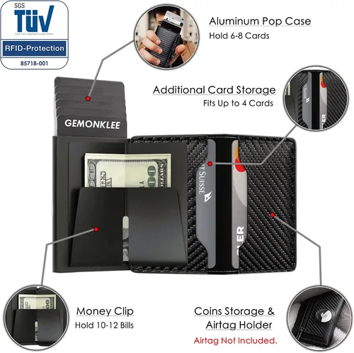 Vista 5 de Gemonklee Billetera emergente, soporte de aluminio para tarjetas de crédito con soporte para AirTag con cremallera RFID, cartera con clip