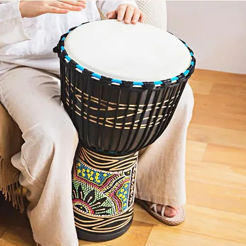 Vista 6 de BORIYAM Tambor Djembe profesionalmente tallado a mano, cabeza de tambor de piel de cabra, pandereta estilo africano occidental, bongo, percusión
