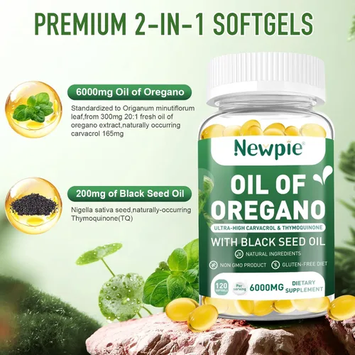 Vista 4 de Aceite de orégano Newpie con cápsulas blandas de aceite de semilla negra, 120 cápsulas blandas, aceite equilibrado de orégano, suplemento formulado