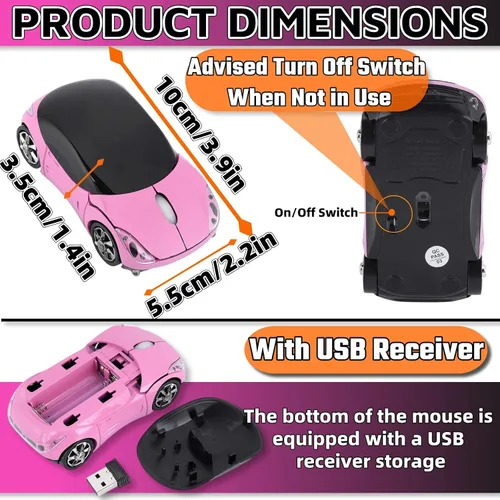 Vista 3 de Ratón inalámbrico rosa para coche, 2.4G inalámbrico con receptor USB, ratón óptico para PC, portátil, tableta, Win XPVista7ME2000Mac OS Mouse rosa