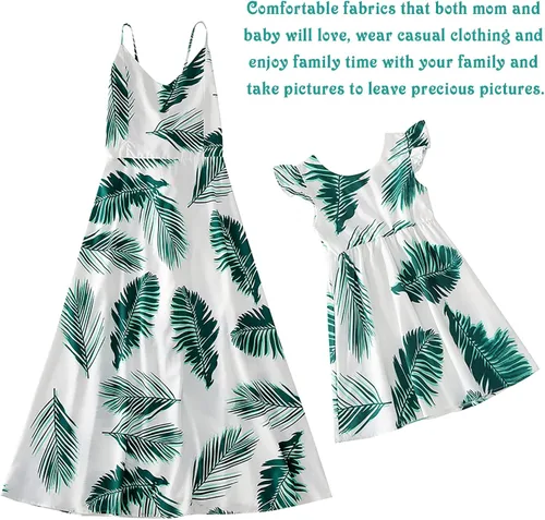Vista 5 de Vestido de verano a juego con estampado de hojas verdes para madre e hija faldas sin mangas traje de playa a juego para la familia