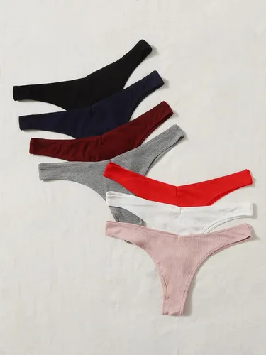 Vista 2 de OYOANGLE Conjunto de 7 piezas de ropa interior transpirable de punto acanalado de tiro bajo para mujer