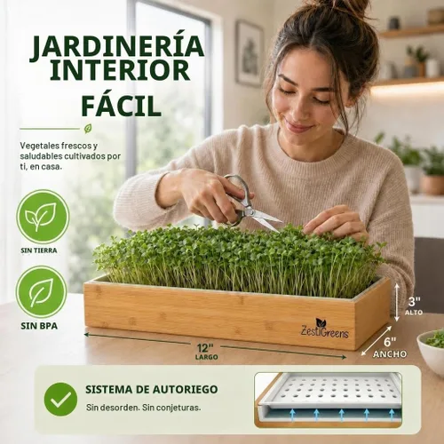 Vista 2 de Kit de cultivo de microgreens de riego automático, la forma más fácil de cultivar microverduras frescas en casa. Incluye bandeja reutilizable