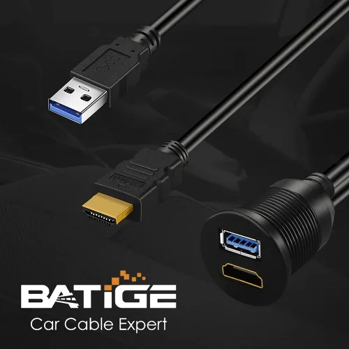 Vista 3 de USB 3.0 y HDMI macho a hembra AUX Dash Car Cable de montaje empotrado de 1 pie Extensión impermeable para coche, barco, camión y panel