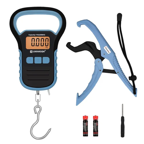 Báscula de pesca impermeable con pinza de labio, báscula de equipaje colgante postal de 110 libras con gancho, báscula de mano digital con cinta de UNW-HU-50