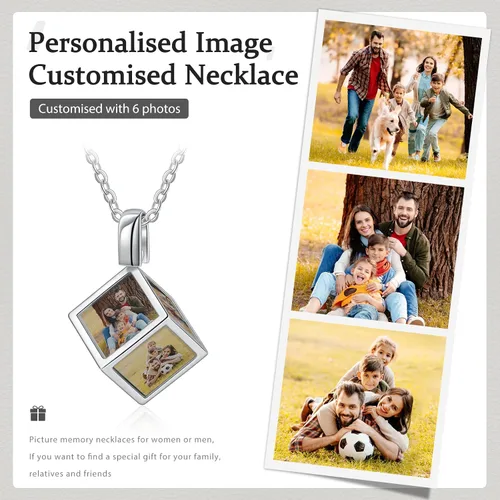 Vista 6 de Collar personalizado con foto para mujer, collar con colgante de imagen grabada de seis caras, regalo de joyería de memoria para madre y padre