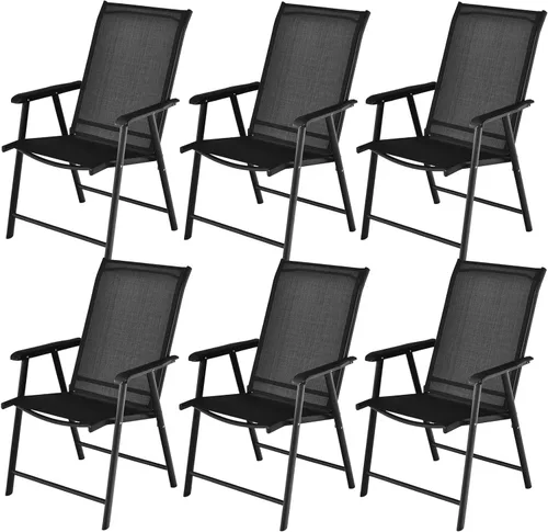 Vista 10 de Tangkula Juego de 2 sillas plegables para patio, sillas de comedor de tela para exteriores con respaldo alto y reposabrazos, marco de metal Negro
