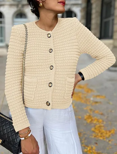 Vista 7 de PRETTYGARDEN Suéteres tipo cárdigan para mujer 2023 para otoño, frente abierto, con botones, manga larga, bolsillos, informal, de punto grueso, ropa
