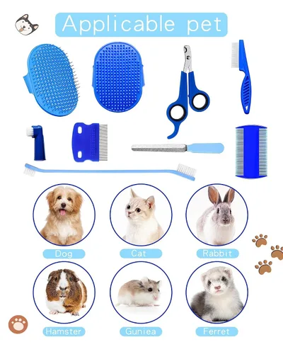 Vista 6 de 10 in 1 Pet Grooming Kit Dog Cat Rabbit Grooming Tools with Bath Brush Nail Clipper File Comb Toothbrush Set for Small Animals