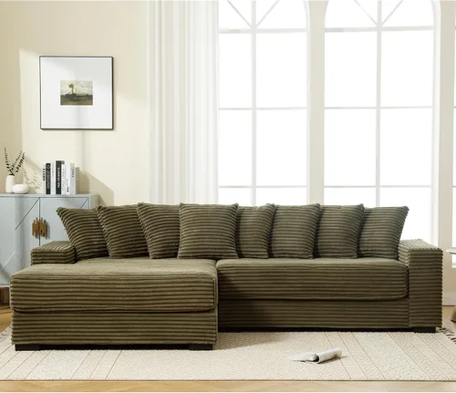 Vista 9 de Sofá modular de pana de 111 pulgadas, tamaño completo, color verde Convertible Sleeper Sofa Bed for Living Room, Hotel, Left L-Shaped Couch with