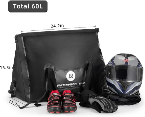 Vista 4 de ROCKBROS Bolsa de lona impermeable de 60 litros para motocicleta, bolsa de lona seca para motociclismo, barco, kayak, camping, pesca, aventura al