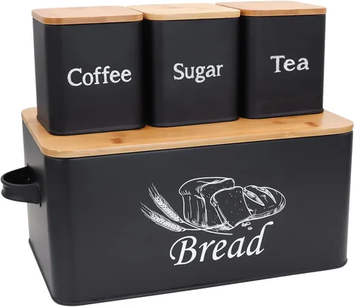 Vista 6 de SOTECH Caja de Pan con 3 Frascos Café Azúcar Té para Encimera de Cocina Caja de Pan de Metal Blanco con Tapa de Tablero de Bambú Conjunto