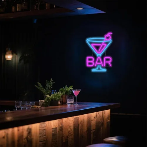 Vista 4 de Letrero de neón para bar de cócteles – Luz de barra LED de vidrio de Martini, arte de pared retro para el hogar, decoración de bar regulable
