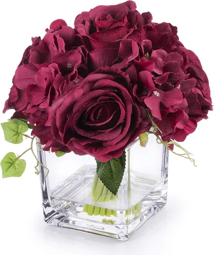 Vista 5 de Arreglos de flores artificiales de seda de rosas y hortensias en jarrón de cristal para decoración del hogar y boda (azul)