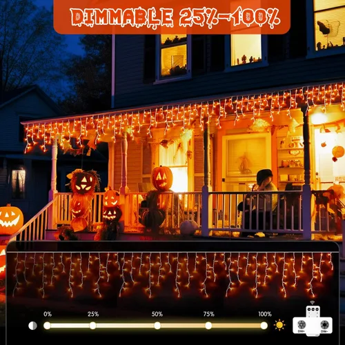 Vista 4 de JMEXSUSS 200 luces de Halloween naranjas/400 LED naranja Halloween luces de carámbano enchufables