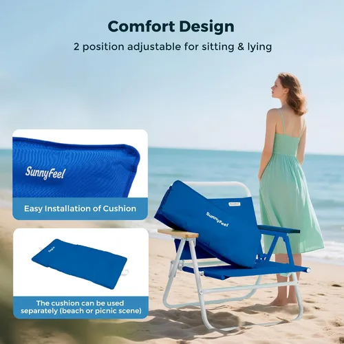 Vista 5 de SUNNYFEEL Silla de playa plegable, respaldo de silla de playa con reposabrazos y cojín de madera, silla de campamento ligera resistente para playa