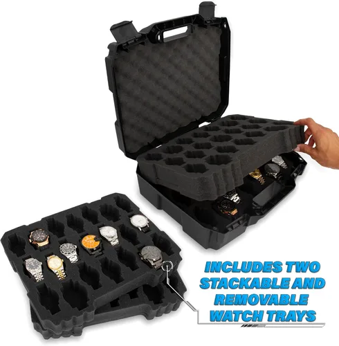 Vista 5 de CASEMATIX Estuche de viaje para reloj con 42 ranuras para portarrollos de reloj, resistente a los impactos con caja de reloj de espuma