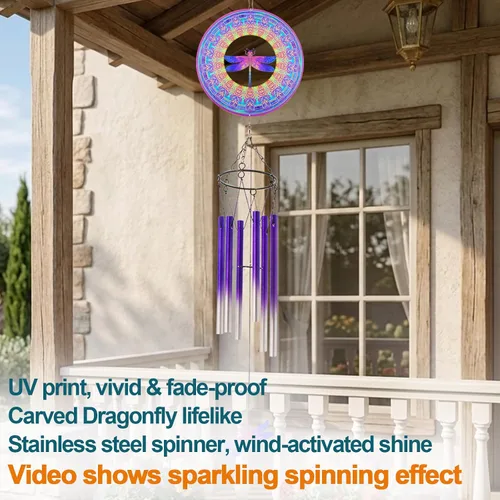 Vista 2 de Campanillas de viento con rotador de libélula, regalos para hombres, mujeres, jubilación, maestros, padres - decoración colgante para exteriores