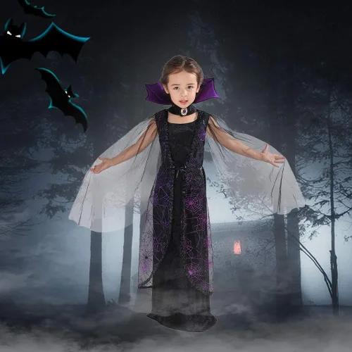 Vista 4 de EraSpooky Disfraz de vampiro para niñas, vestido gótico de murciélago para Halloween