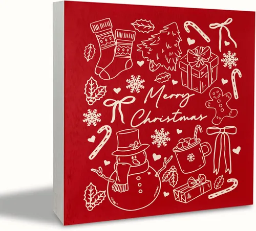 Vista 12 de KEUSPI Cartel de madera rústica rosa con texto en inglés "Merry Christmas", decoración de escritorio de Navidad preparada, árbol de Navidad, caballo
