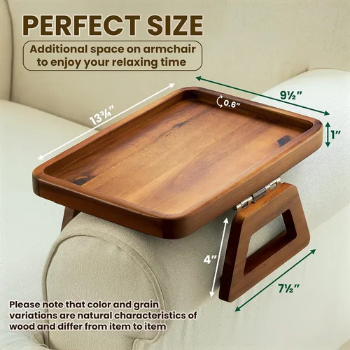 Vista 2 de Tinamo Mesa de brazo de acacia de 13.75 x 9.5 pulgadas, bandeja de brazo de sofá de madera, mesa de reposabrazos para sofá, bandeja de reposabrazos
