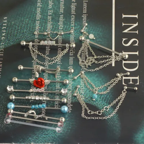 Vista 2 de Aretes de barra industriales 14G de acero inoxidable para cartílago largo, hélice, caracola, piercing para el cuerpo, joyería 7-18 piezas